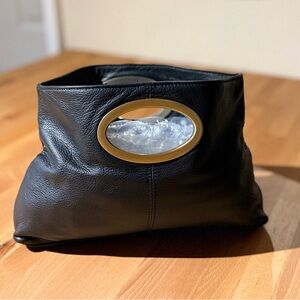 Black Leather clutch bag with Gold Oval Buckle